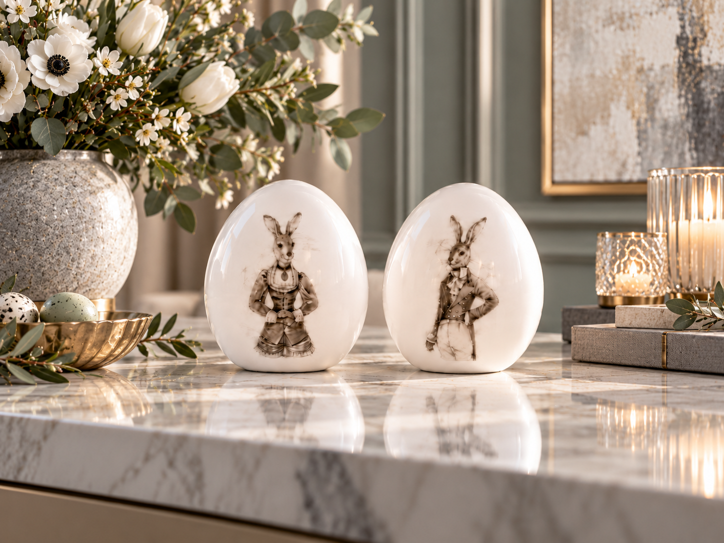 Porcelain Egg Pair Retro Rabbits