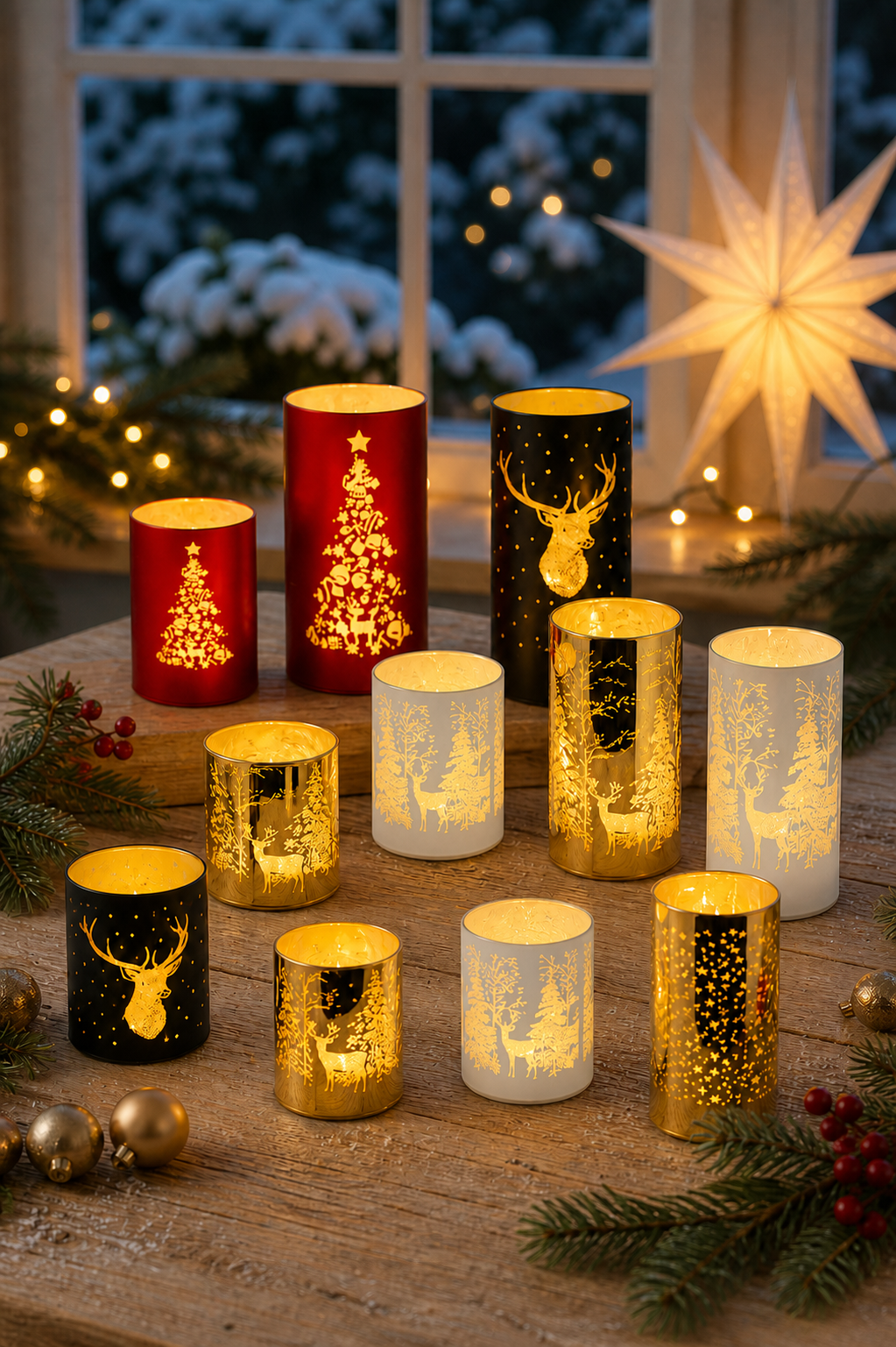Windlicht LED rot Weihnachtsbaum 12,5 cm
