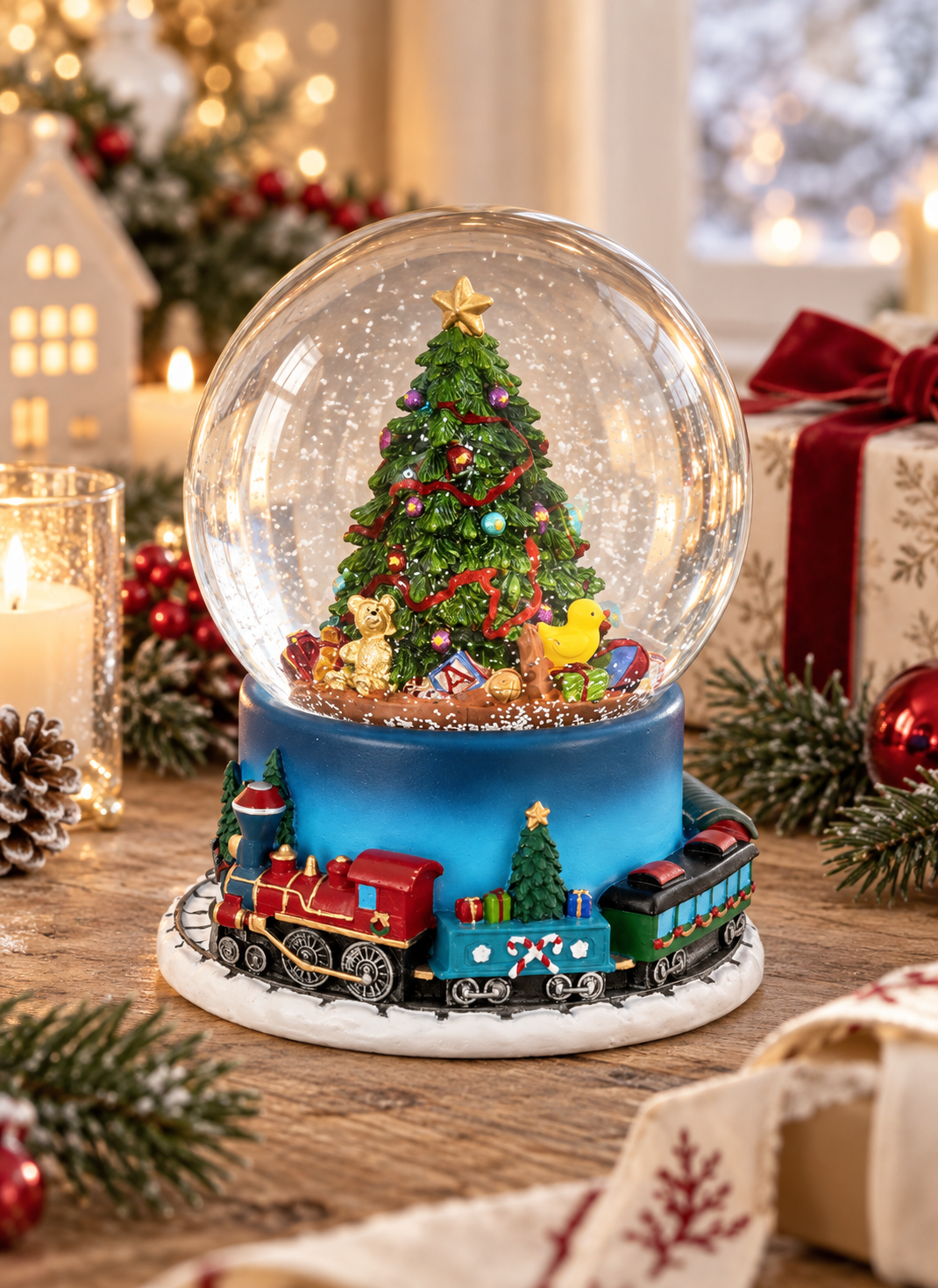 Spieluhr / Schneekugel Weihnachtsbaum mit Zug