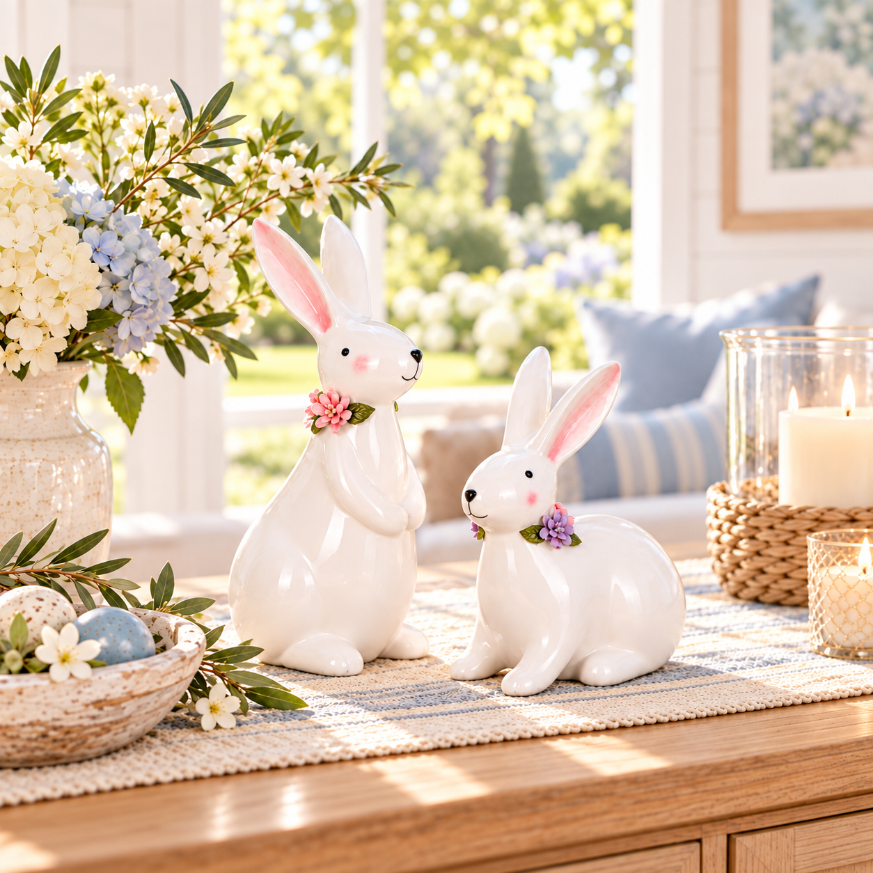 Rabbit Sitting Flowers White