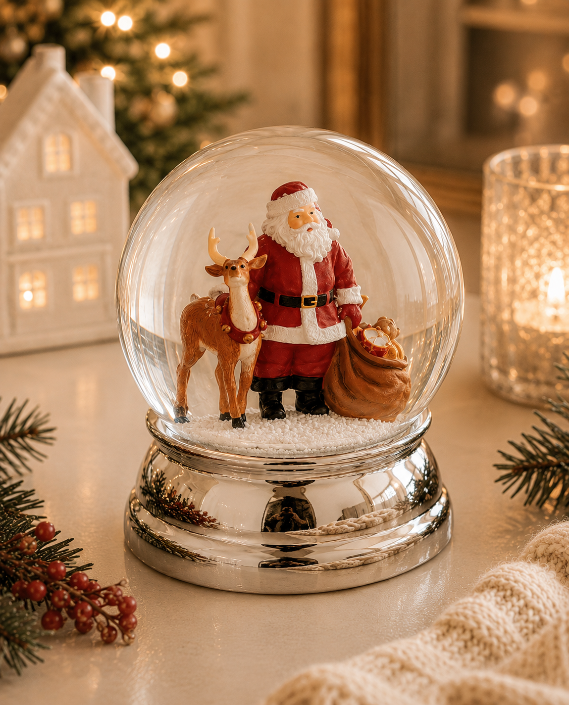 Schneekugel Weihnachtsmann/Rentier, groß