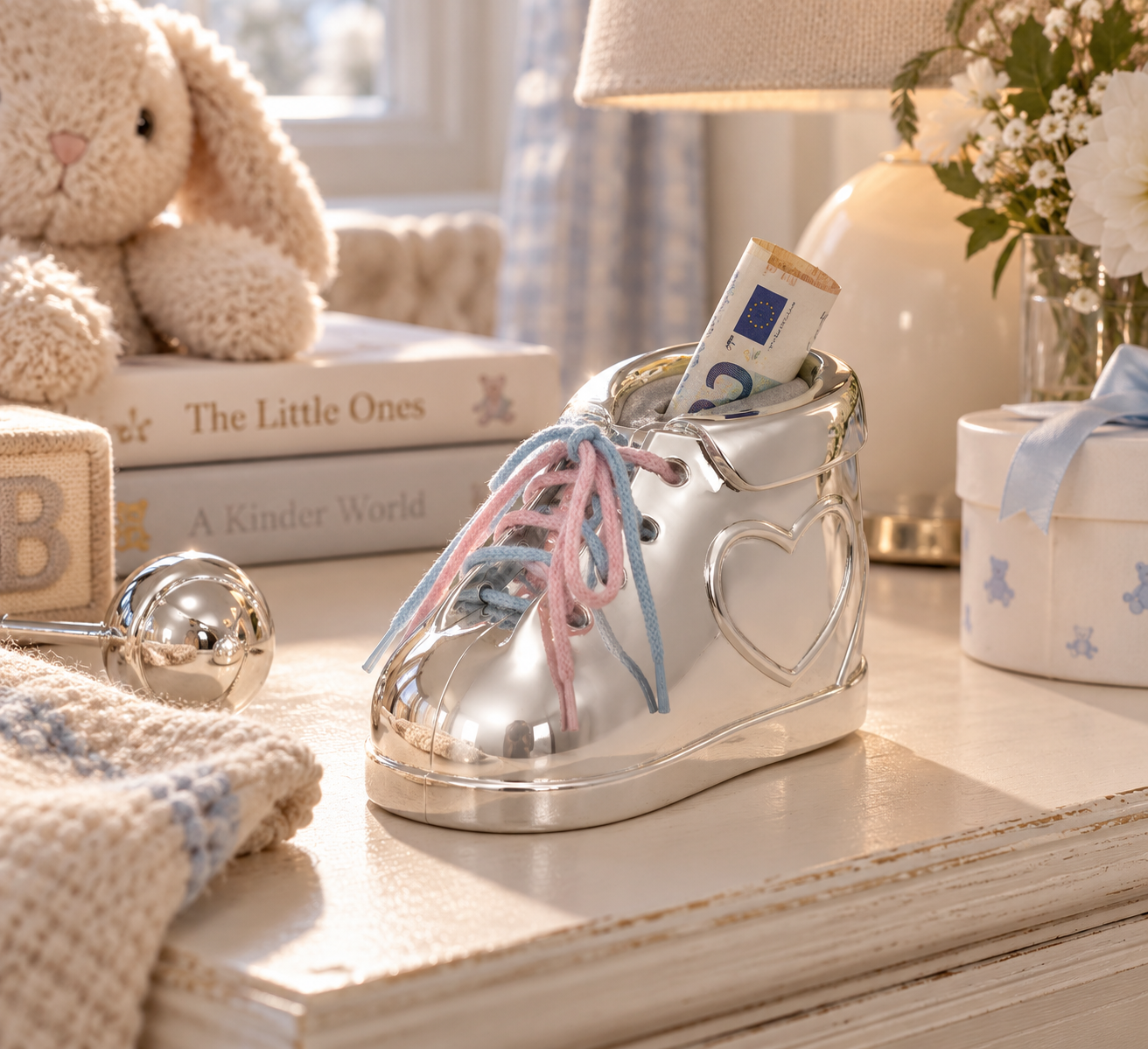 Spardose Babyschuh, blau & rosa Schnürsenkel