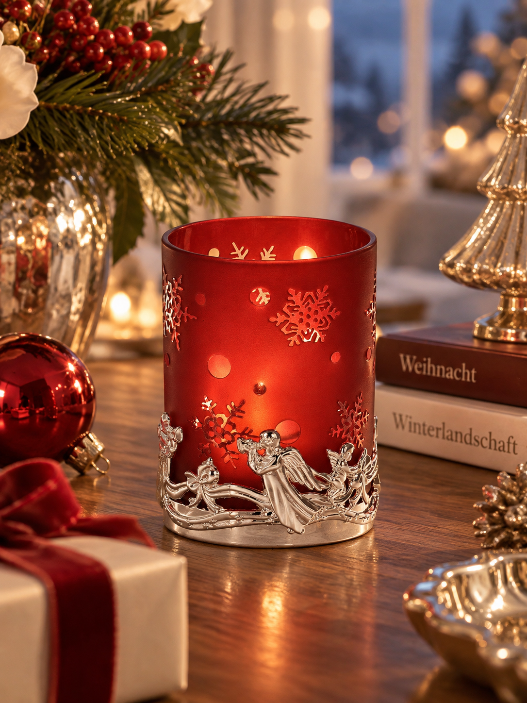Teelichthalter Engel rotes Glas