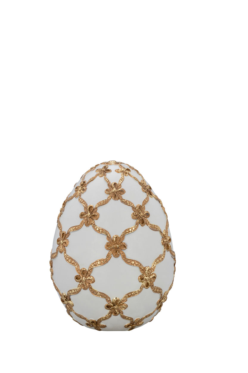 Deko-Ei weiß mit Gold-Schleifenband 16 cm
