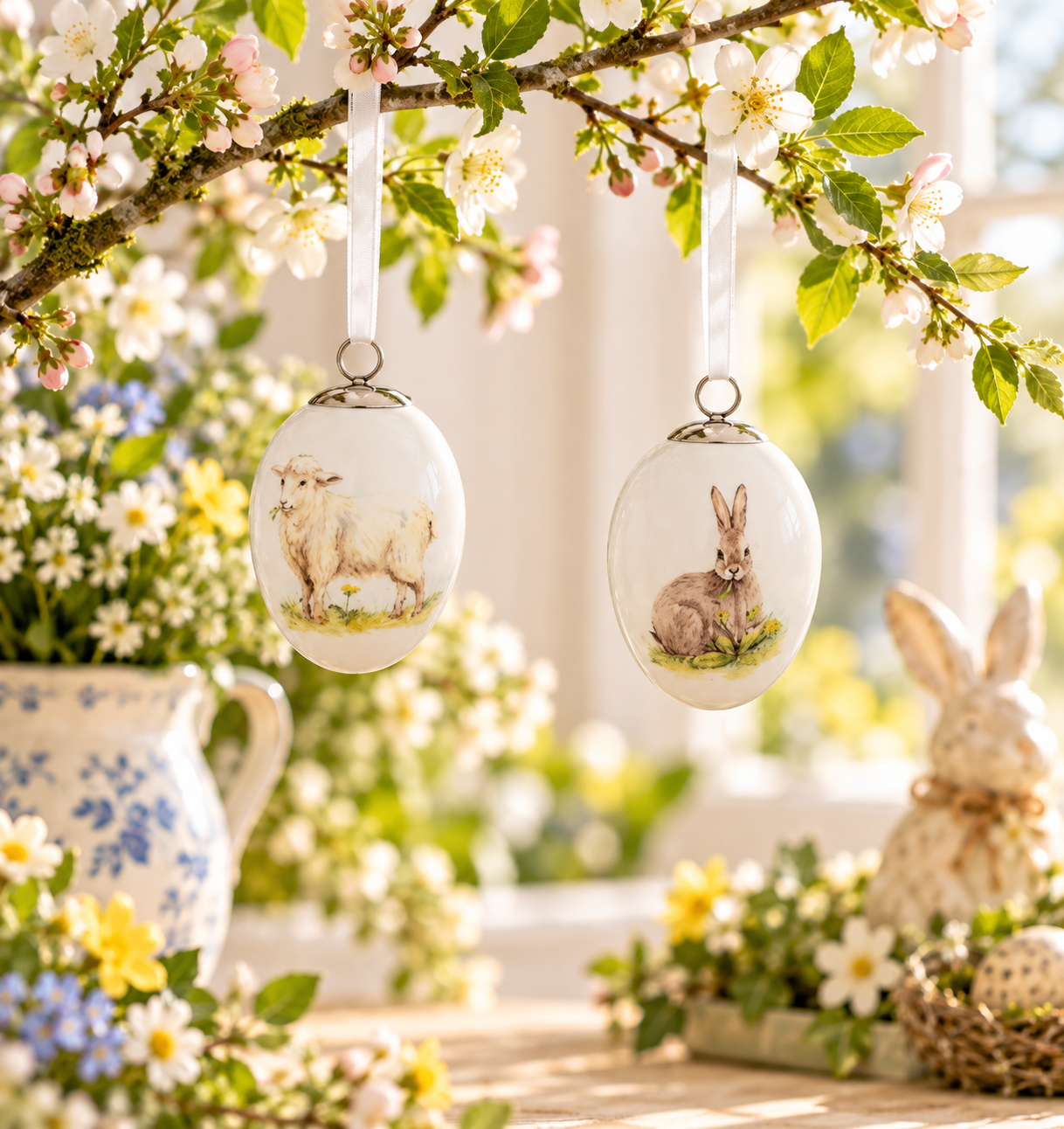 Ceramic Eggs Rabbit / Sheep / Flowers for Hanging