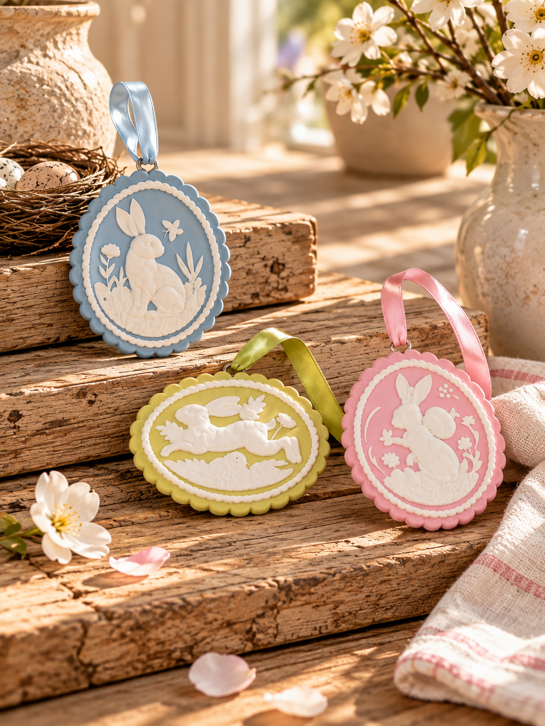 Pendant Set Rabbits White Decorated, - Set of 3