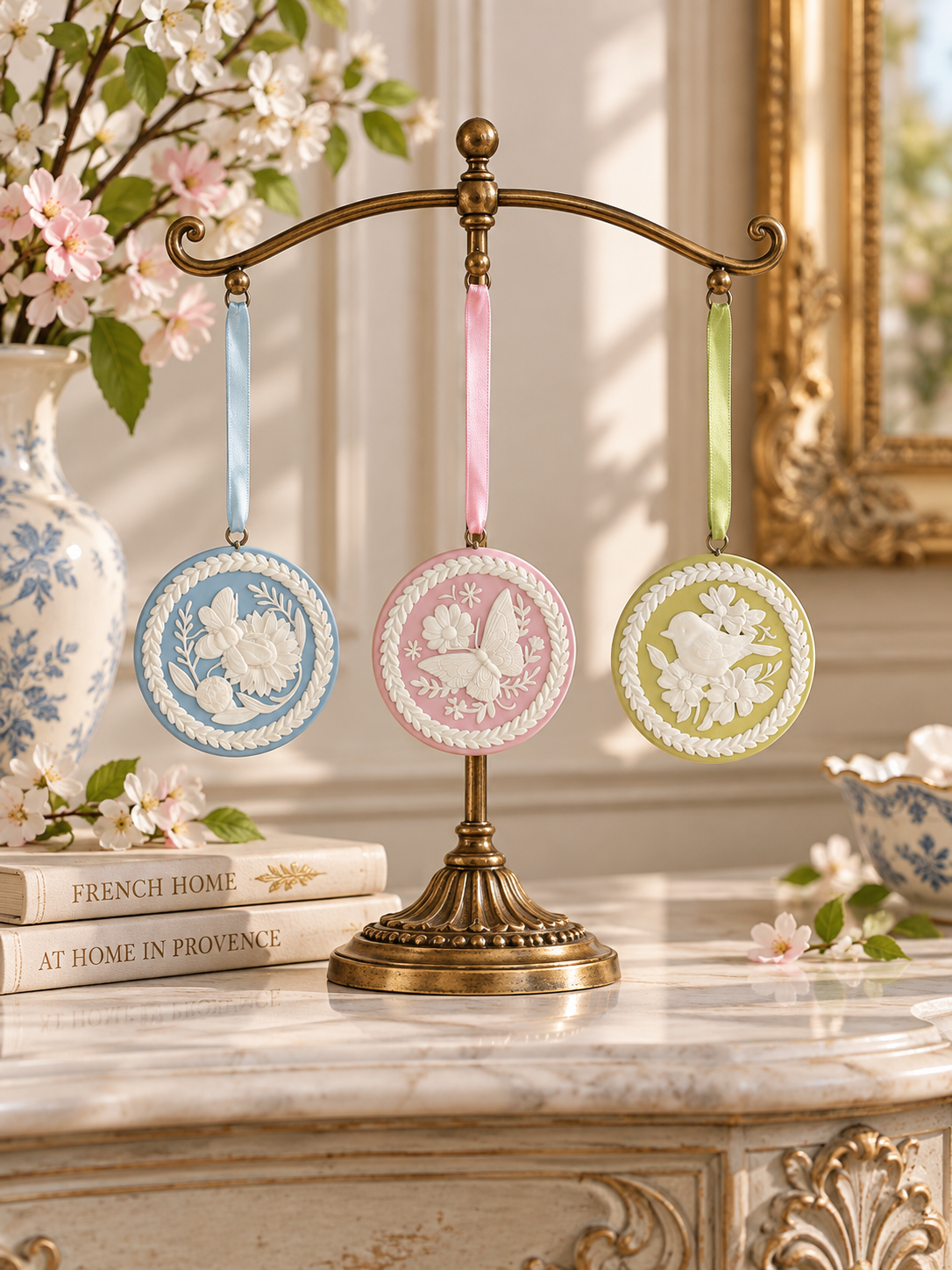 Pendant Set Bird / Insects, White Decorated - Set of 3