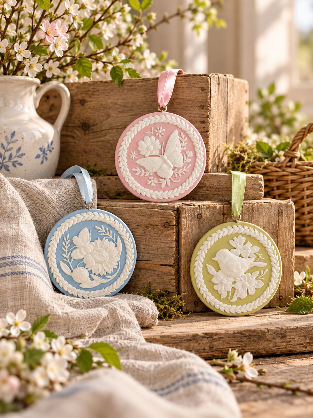 Pendant Set Bird / Insects, White Decorated - Set of 3
