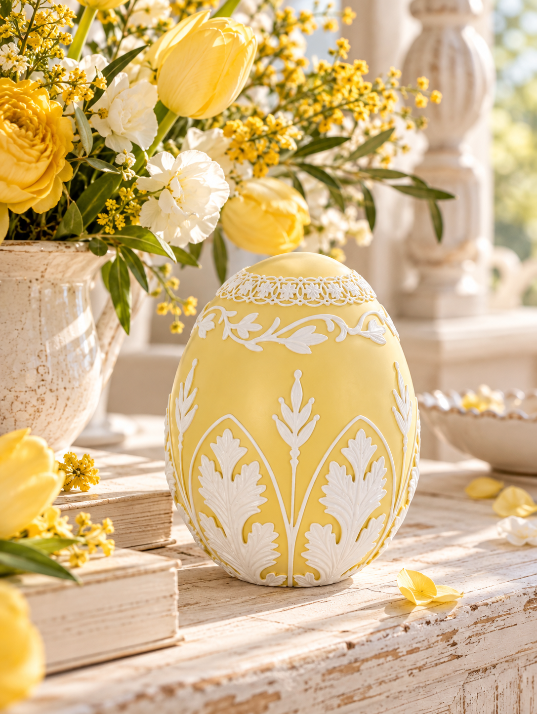 Deco Egg Yellow, White Decorated, 16 cm