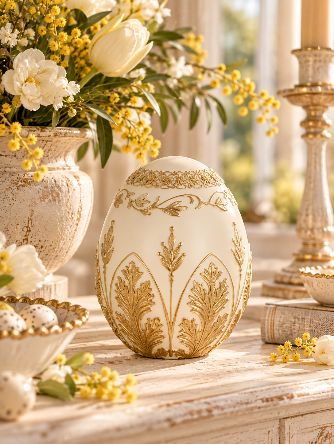 Deko-Ei weiß, golden verziert, 16 cm