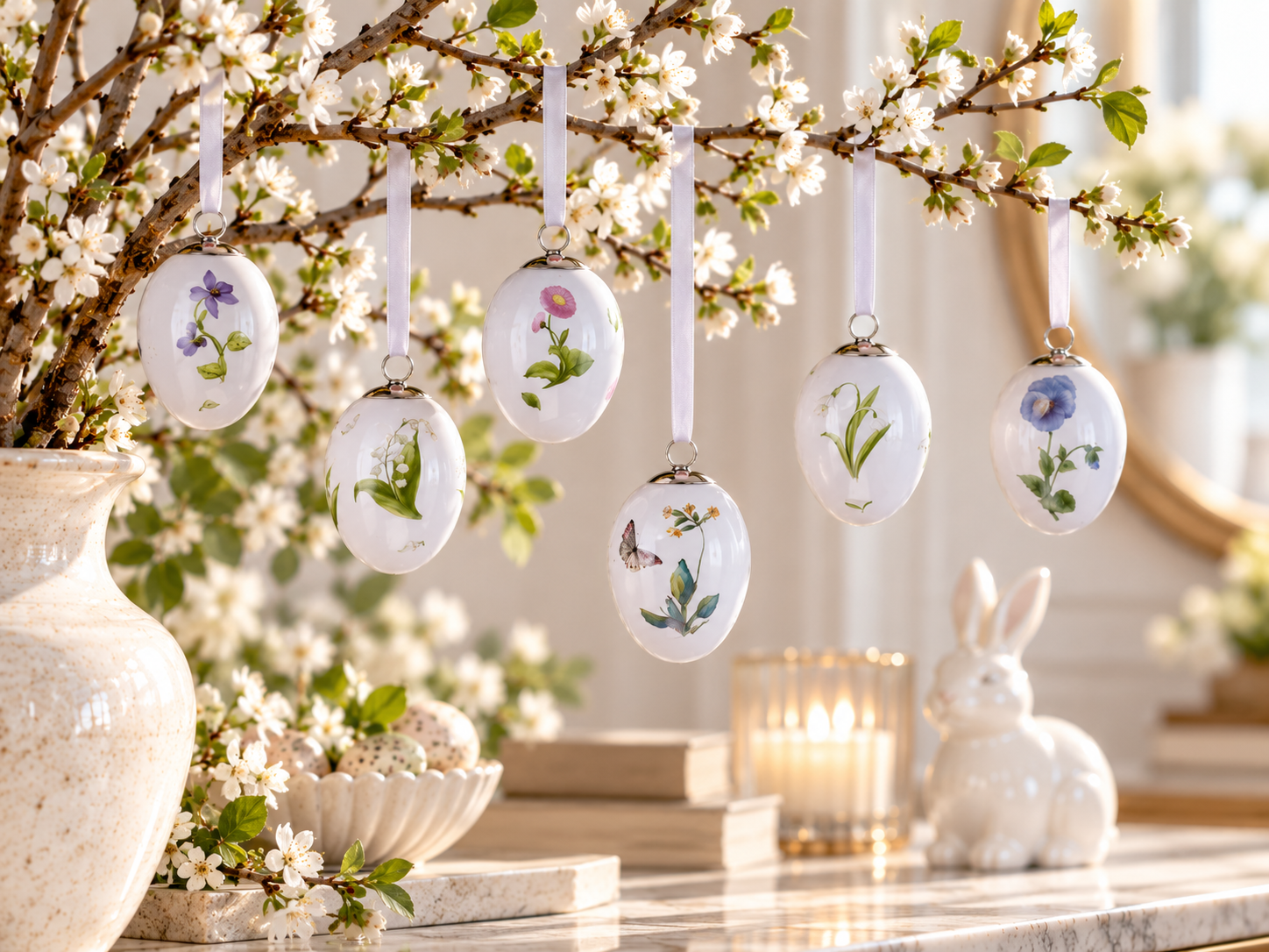 Porcelain Eggs Flowers Hanging - Set of 6