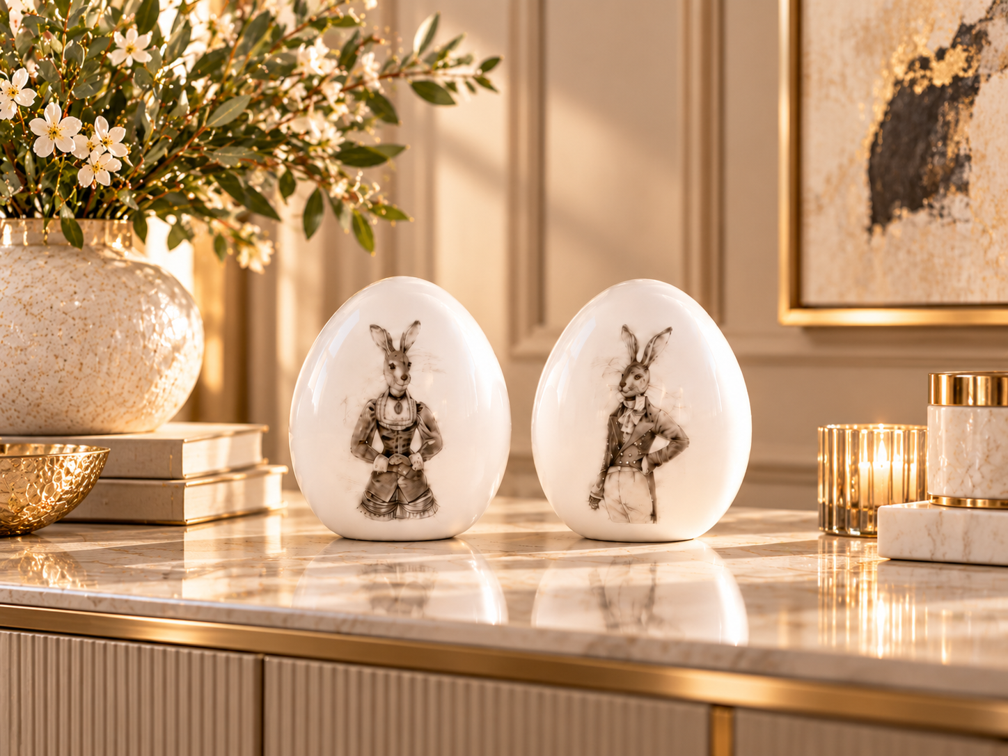 Porcelain Egg Pair Retro Rabbits