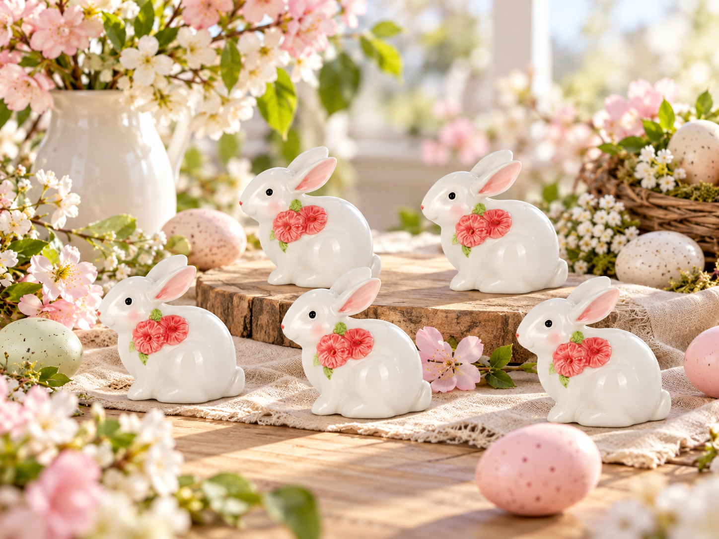 Rabbits Sitting, Flowers 6.5 cm - Set of 6