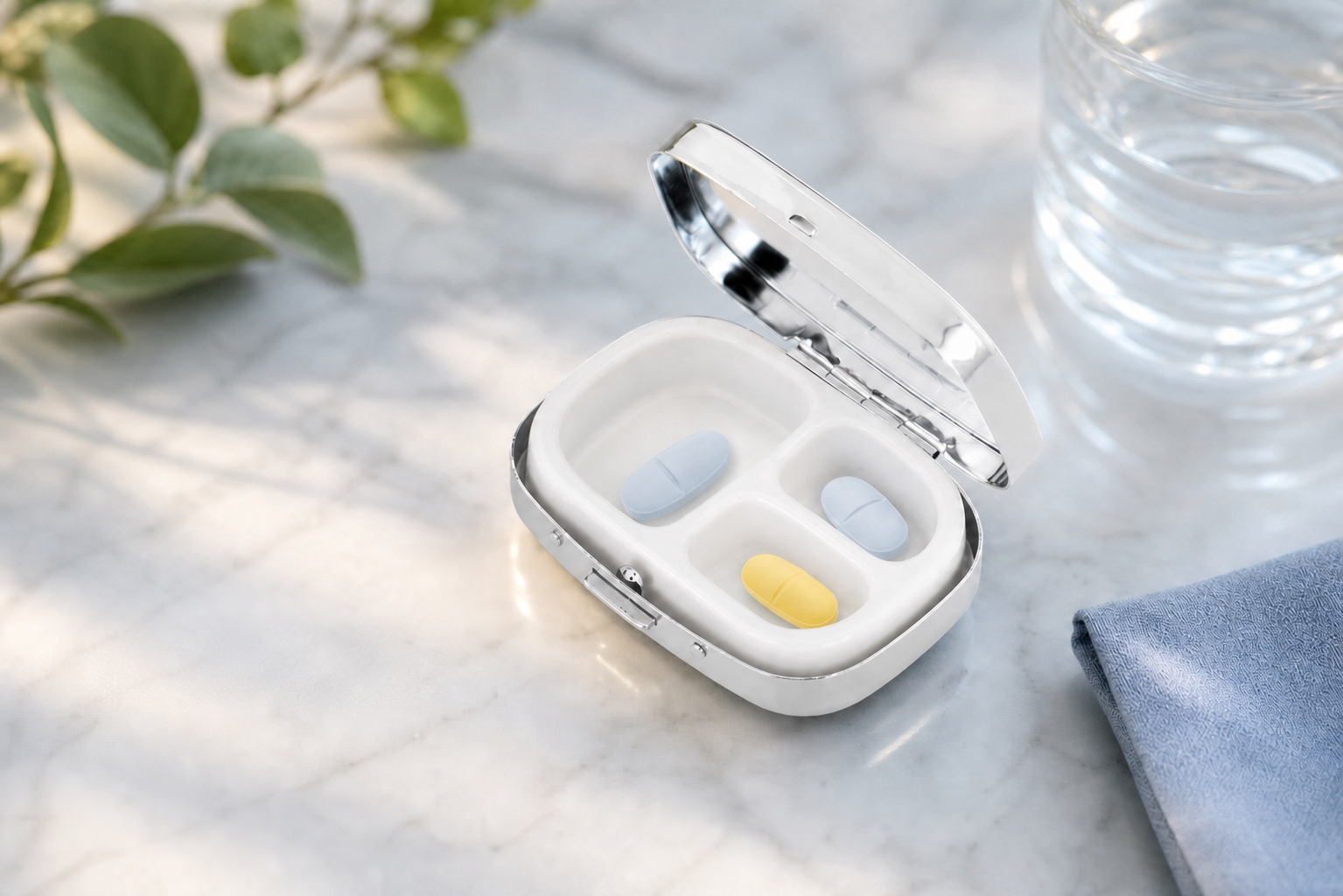 Pillendose Faden rechteckig, 3-geteilt