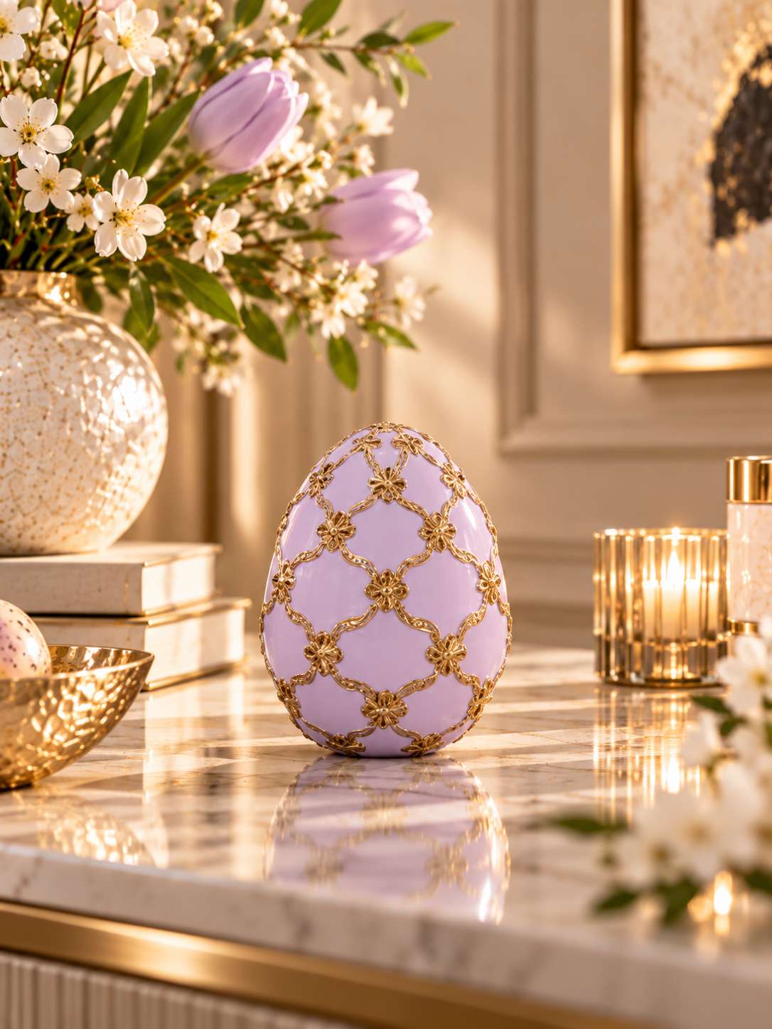 Deco Egg Lilac with Gold Ribbon 16 cm