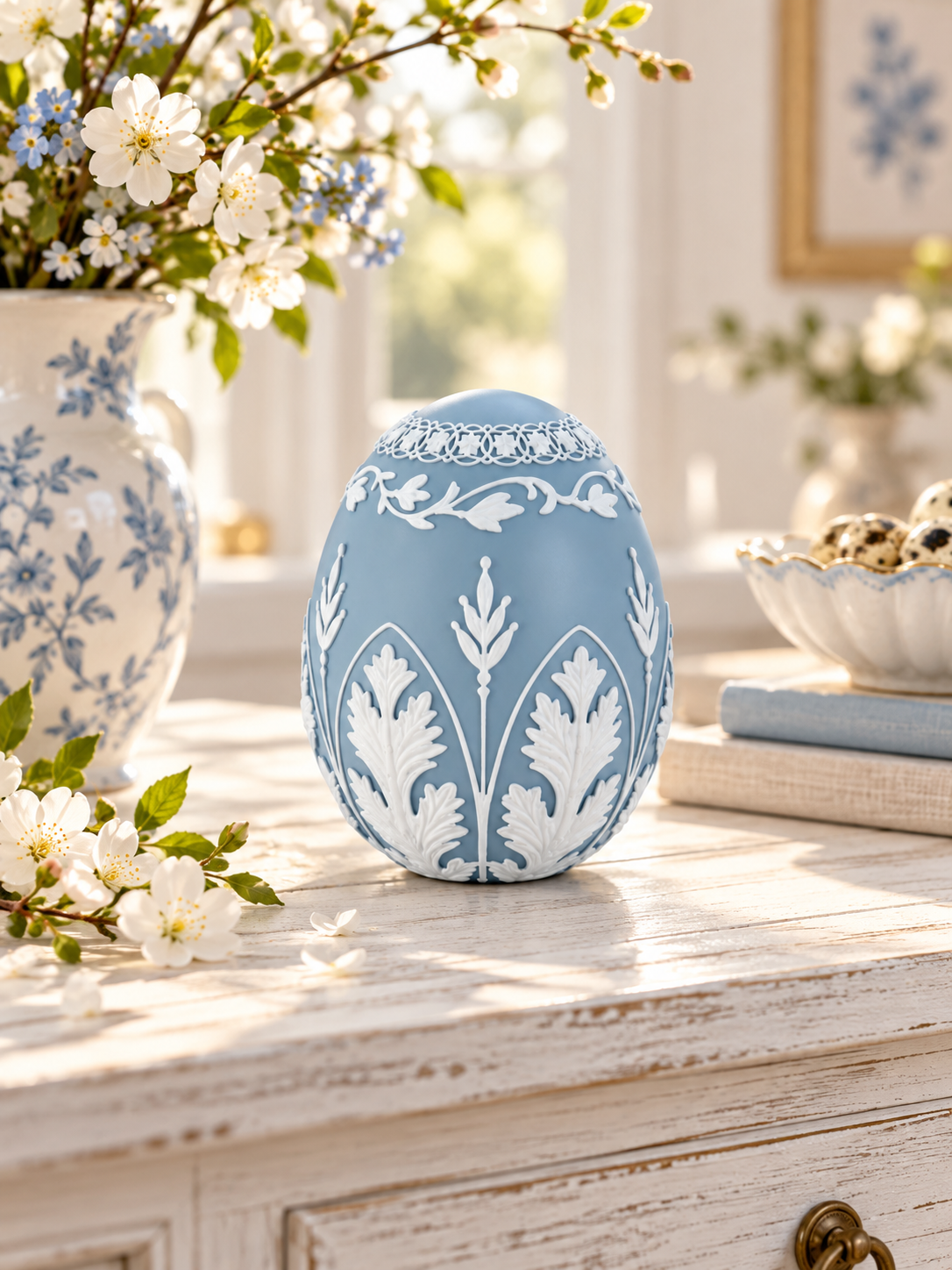 Deco Egg Light Blue, White Decorated, 16 cm