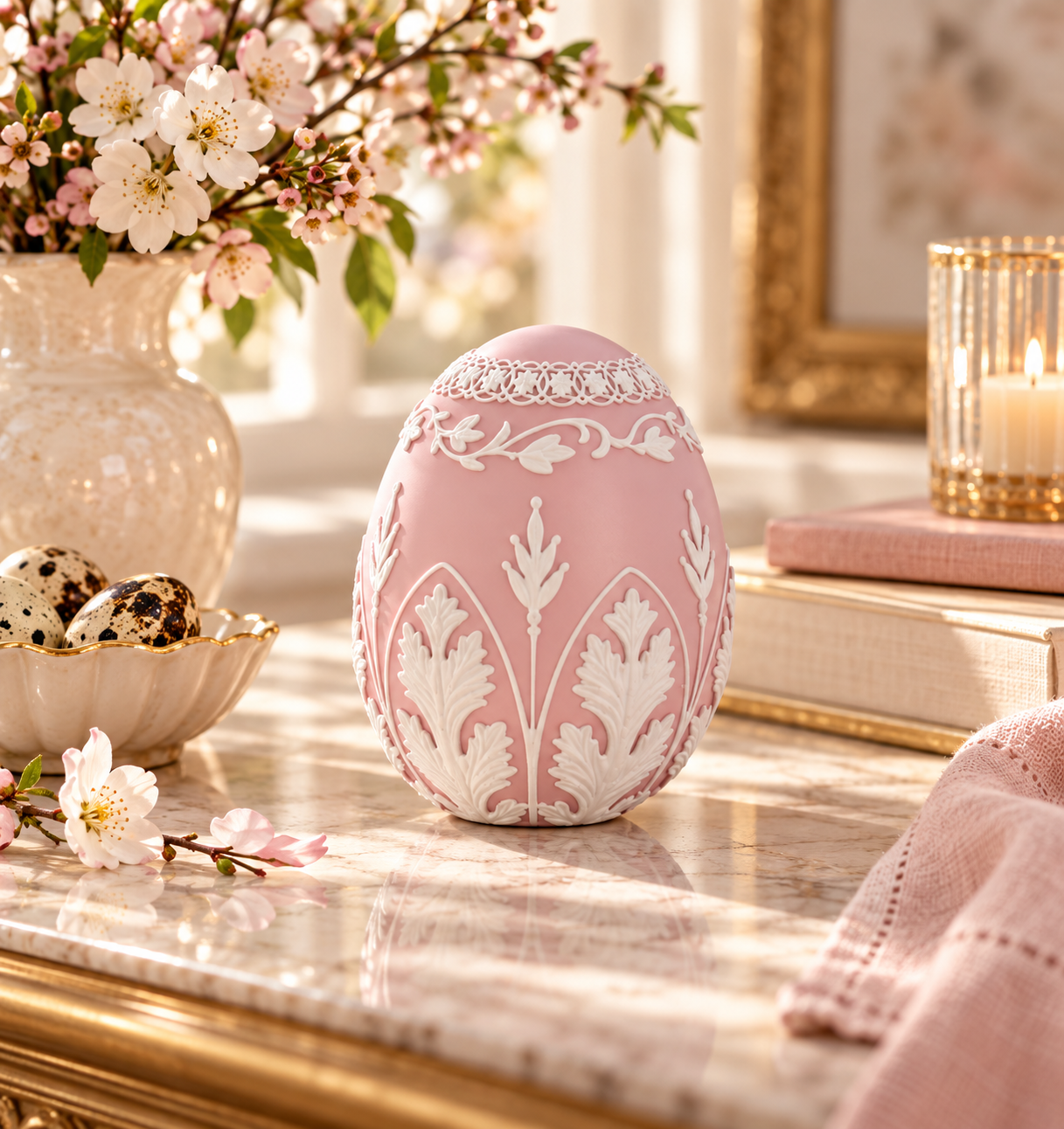 Deco Egg Pink, White Decorated, 16 cm