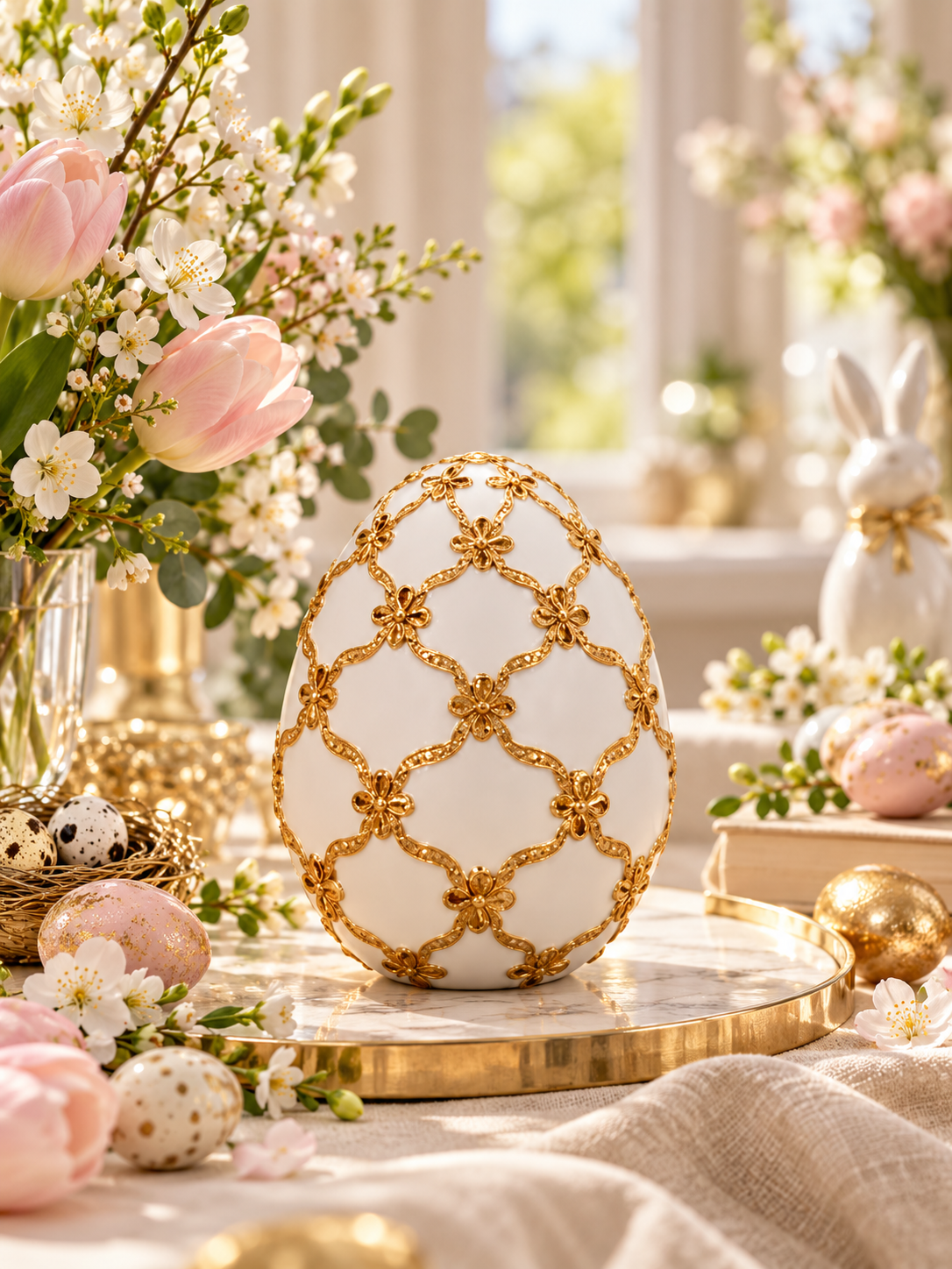 Deco Egg White with Gold Ribbon 16 cm
