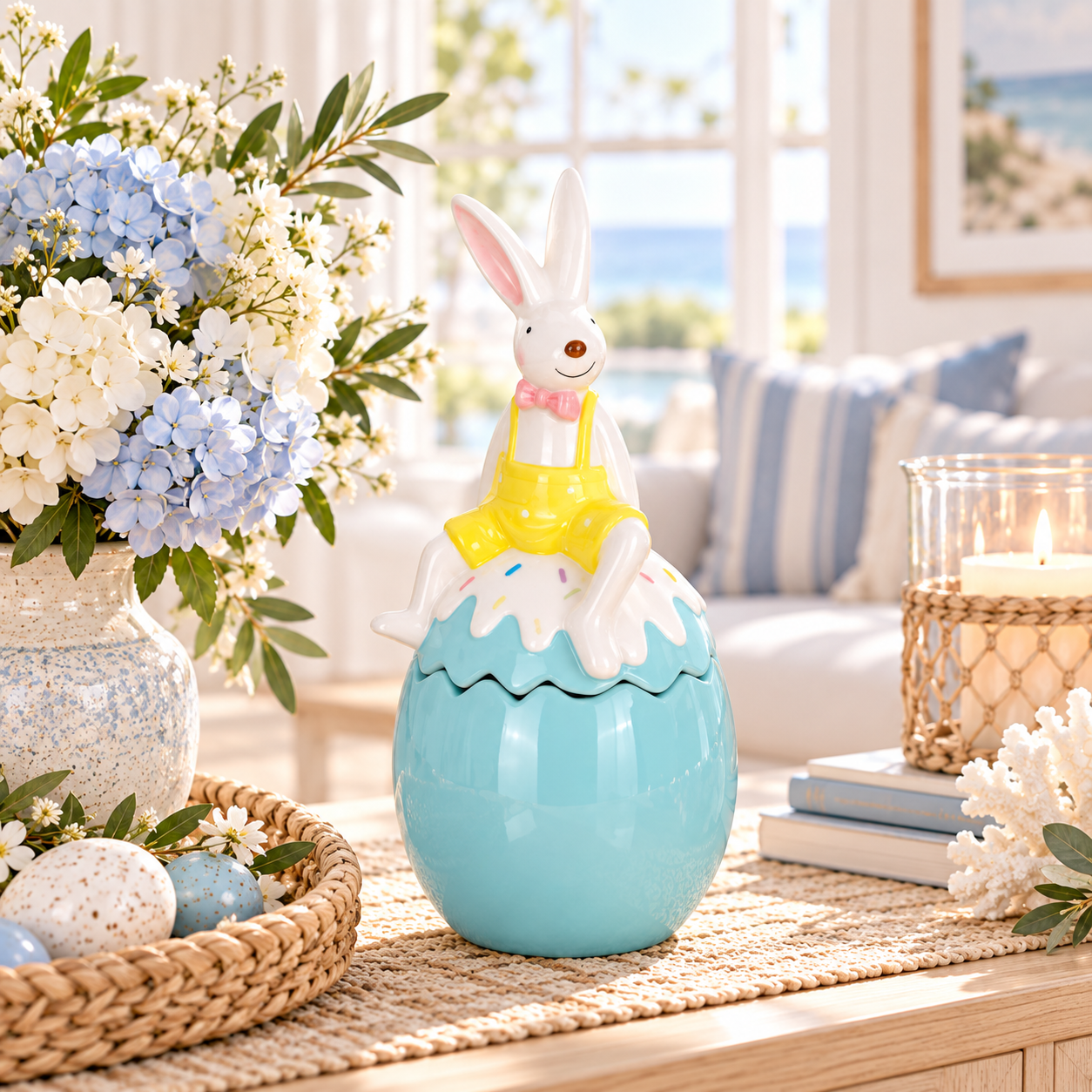 Rabbit Sitting on Egg-Shaped Box