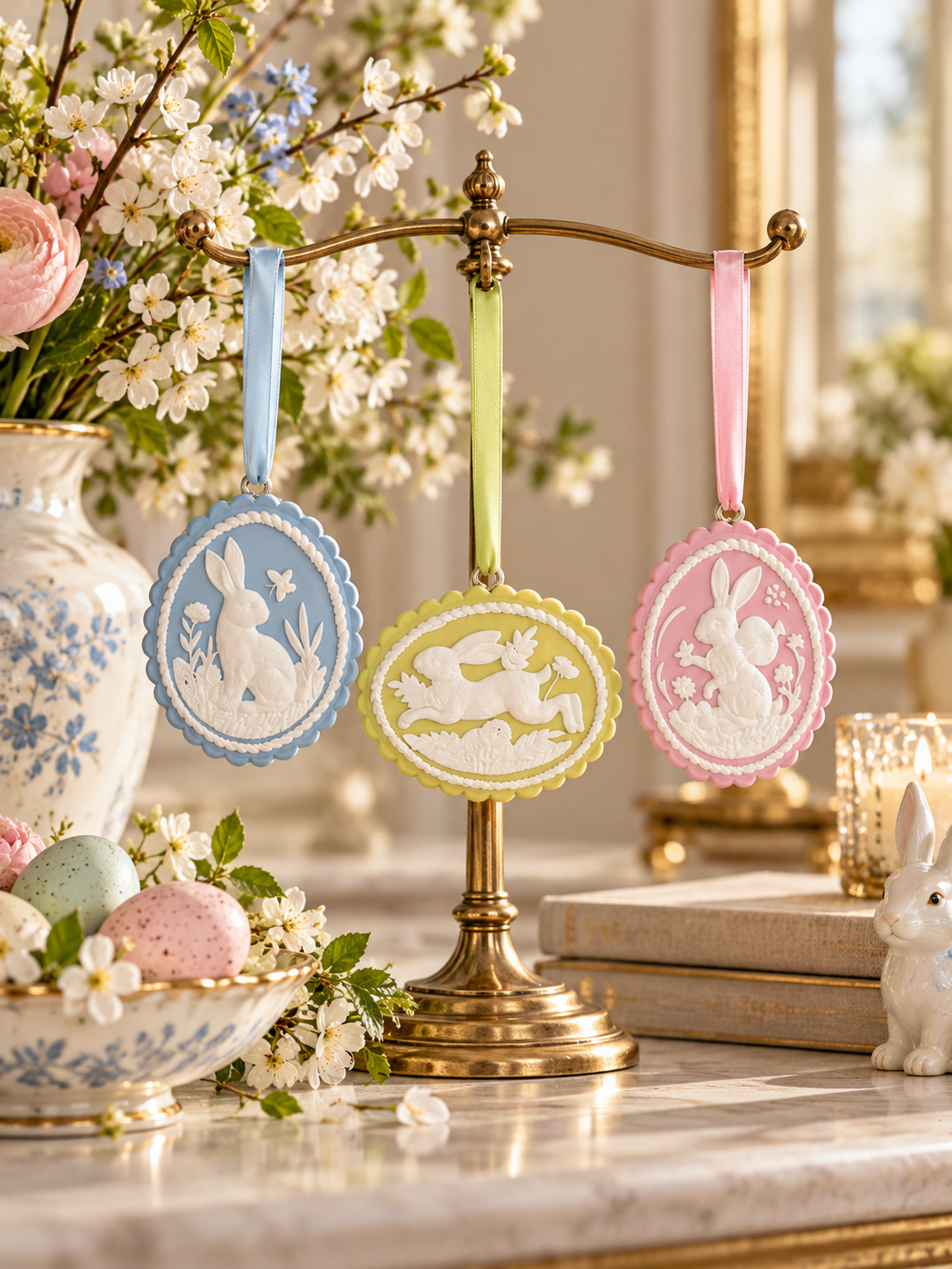 Pendant Set Rabbits White Decorated, - Set of 3
