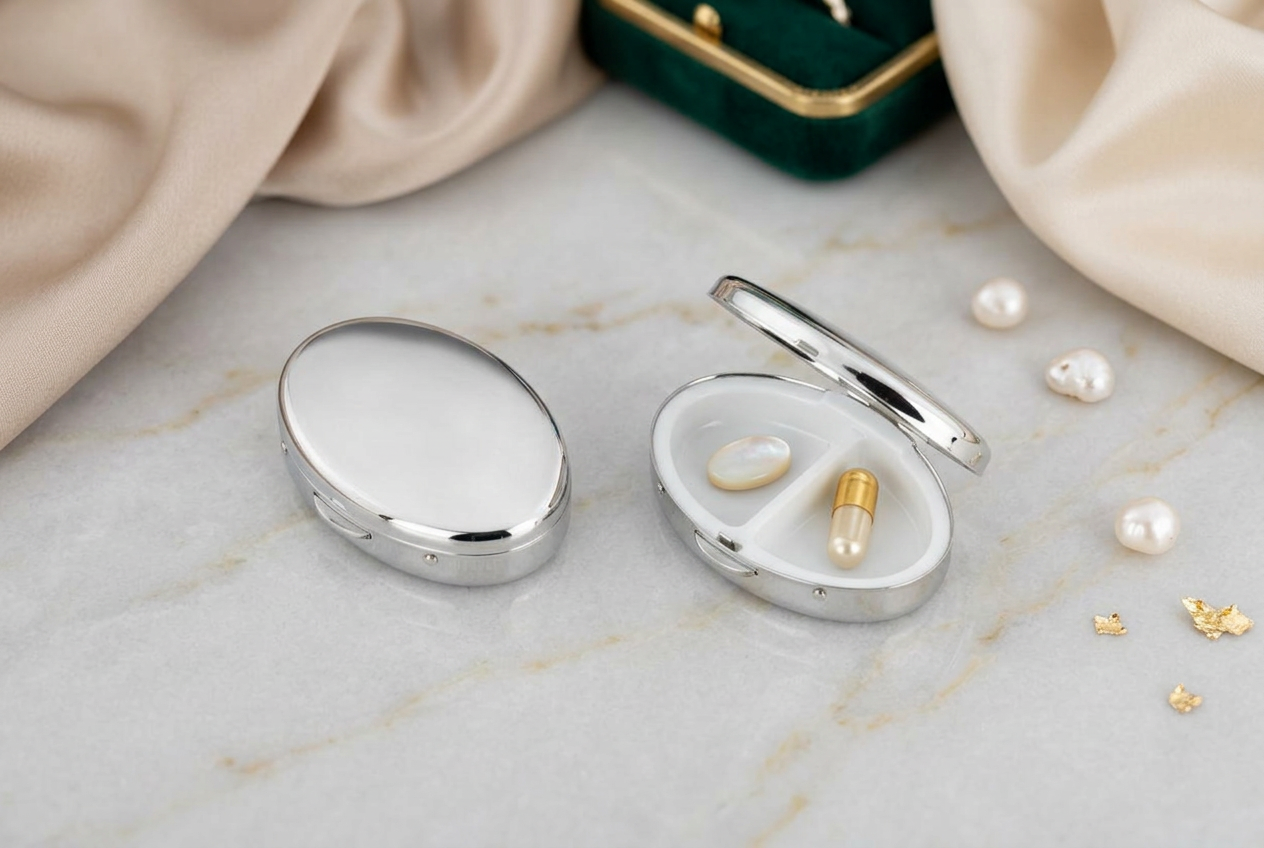 Pillendose oval, glatt poliert, 2-geteilt
