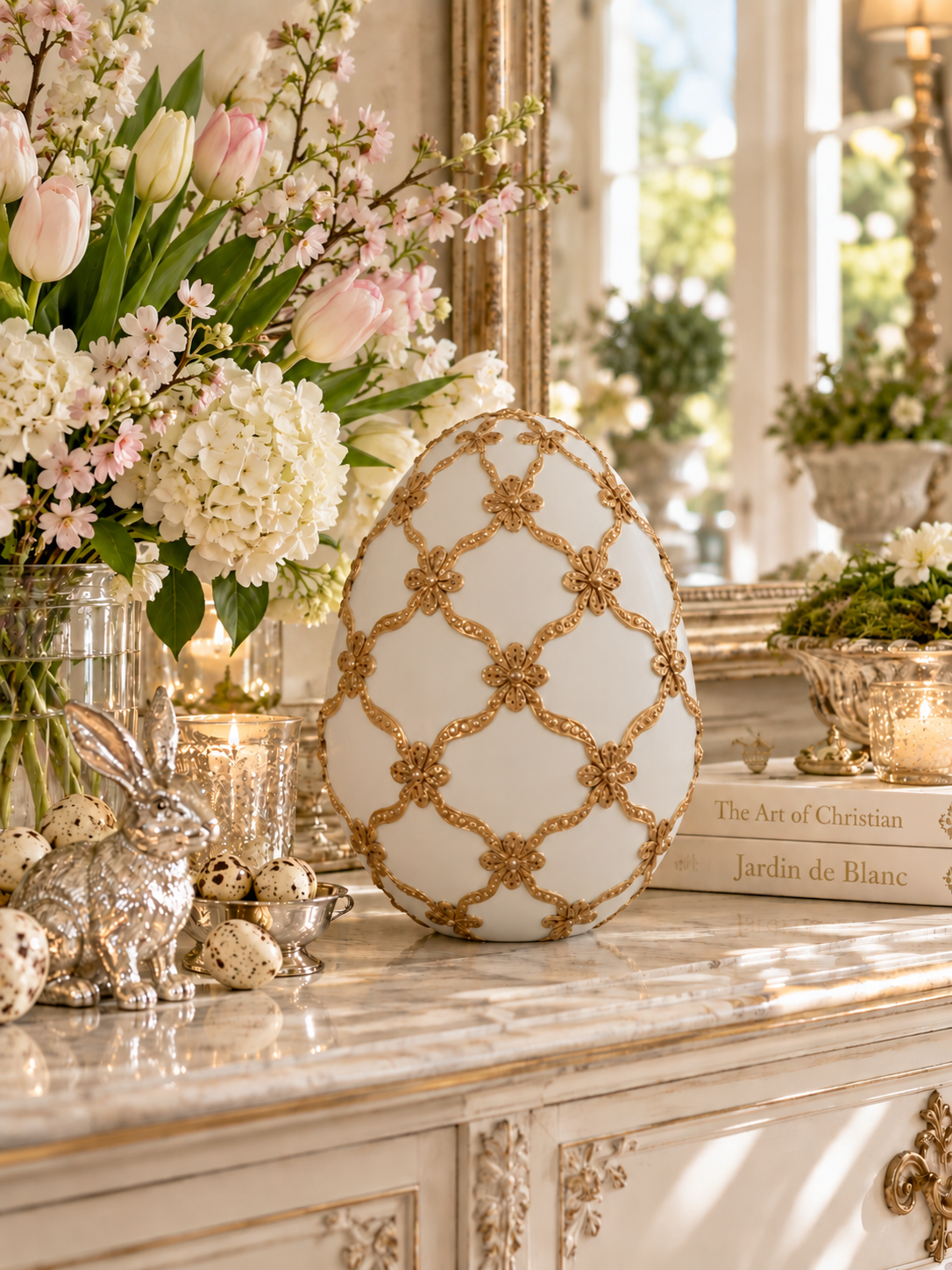 Deco Egg White with Gold Ribbon 23 cm